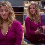 Penny’s pink longsleeve top with red pants on The Big Bang Theory