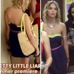 Hanna’s blue and yellow strapless dress with skinny pink belt and oversized bag with yellow handles on Pretty Little Liars