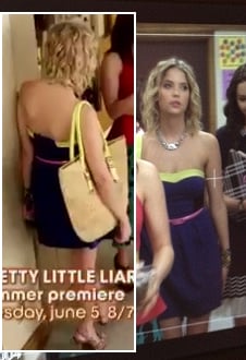 Hanna's blue and yellow strapless dress with skinny pink belt and oversized bag with yellow handles on Pretty Little Liars