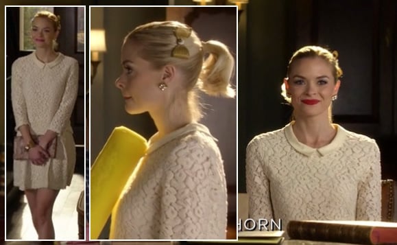 Lemon's cream lace top worn with matching skirt and gold hair bow on Hart of Dixie