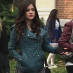 Aria’s teal blue quilted jacket on Pretty Little Liars