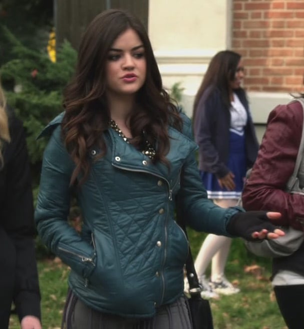 Aria's teal blue quilted jacket on Pretty Little Liars