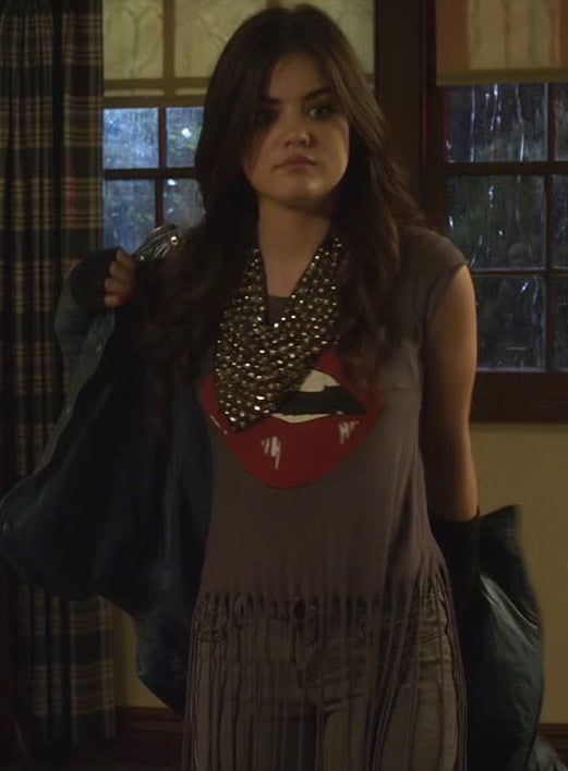 Aria's lips print shirt with fringe and studded scarf on Pretty Little Liars