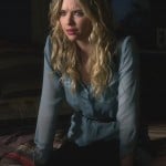 Hanna’s sheer blue longsleeve top on Pretty Little Liars