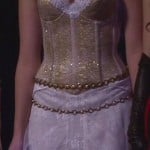 Hanna’s white and gold corset style gown with flower crown on Pretty Little Liars