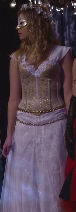 Hanna's white and gold corset style gown with flower crown on Pretty Little Liars