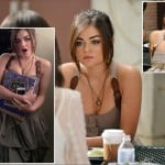 Aria’s beige pick-up hem dress with buckle straps on Pretty Little Liars