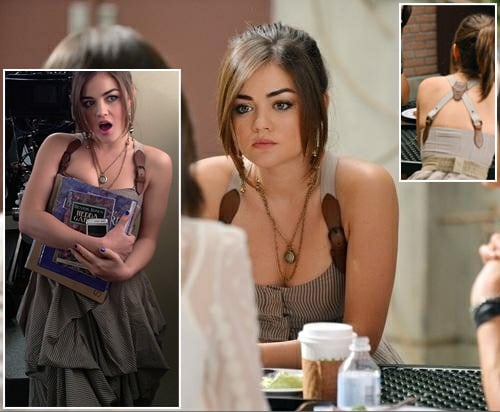 Aria's beige pick-up hem dress with buckle straps on Pretty Little Liars
