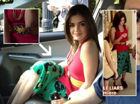 Aria's green leopard print skirt with red peplum top and yellow belt on Pretty Little Liars