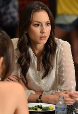 Spencer's sheer white polka dot top on Pretty Little Liars