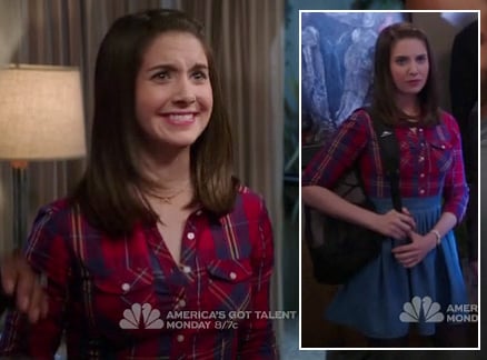 Annie’s red plaid top with a denim/chambray skirt on Community