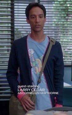 Abed's light blue rainbow graphic shirt and navy/pink cardigan on Community