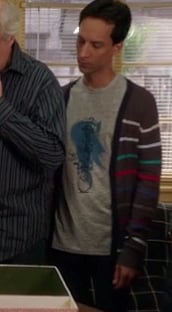 Abed's grey shirt with blue graphic and rainbow striped cardigan on Community