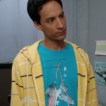 Abed’s blue shoe graphic shirt with yellow striped hoodie on Community