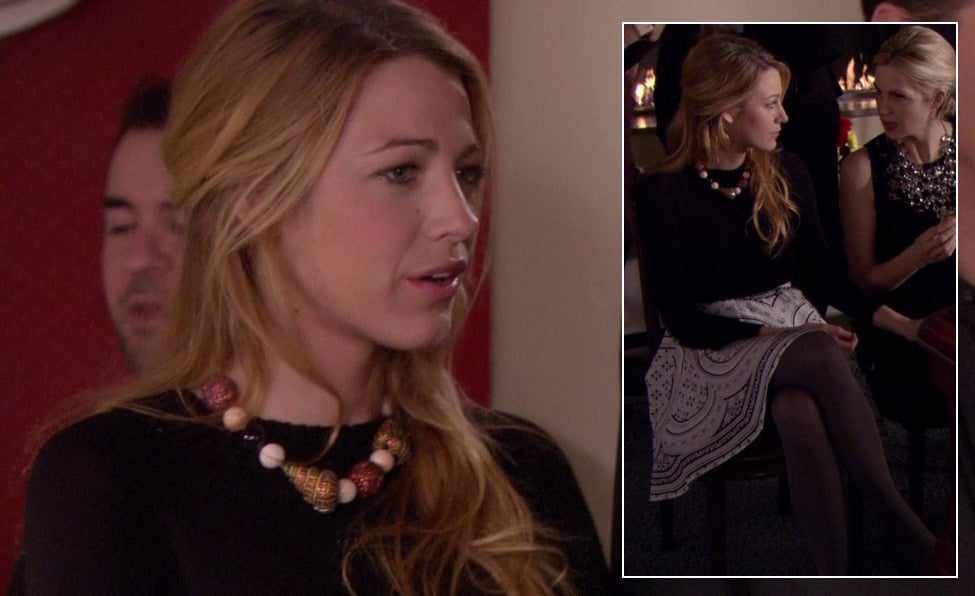 Serena's white circle patterned skirt with grey tights and shell necklace on Gossip Girl