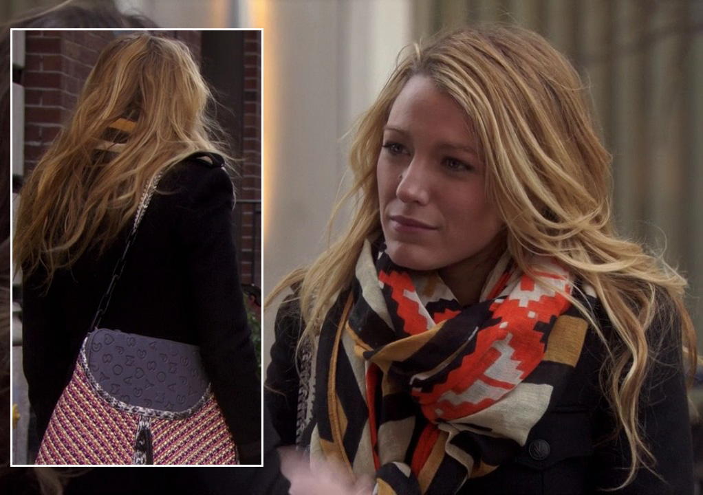 Serena's orange geo print scarf and red woven handbag on Gossip Girl