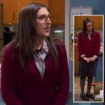 Amy’s red cardigan with grey pencil skirt and tights on The Big Bang Theory