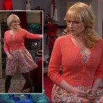 Bernadette’s orange pointelle cardigan over a floral dress and brown tights on The Big Bang Theory