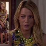Serena’s purple and yellow dress with chunky necklaces on Gossip Girl