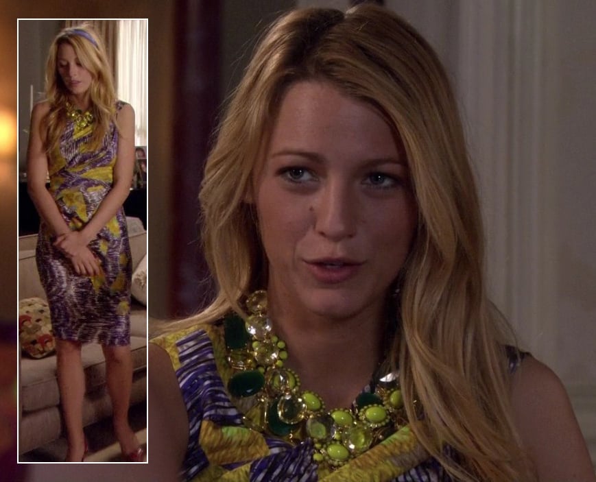 Serena's purple and yellow dress with chunky necklaces on Gossip Girl