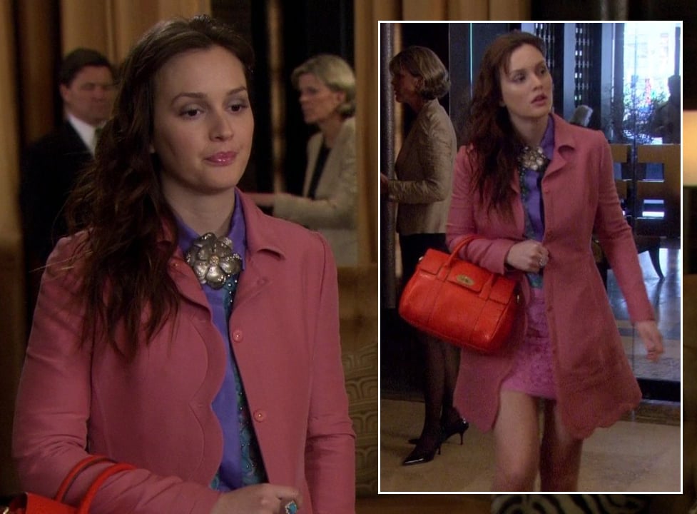 Blair's pink scalloped coat and red handbag on Gossip Girl