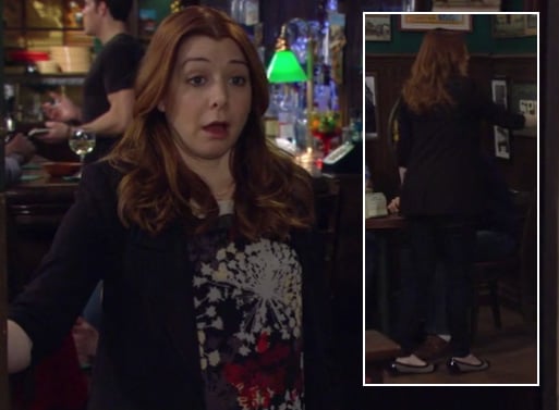 Lily's firework/flower style top with capped flats on How I Met Your Mother