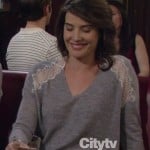 Robin’s grey sweater with lace shoulder detail on How I Met Your Mother