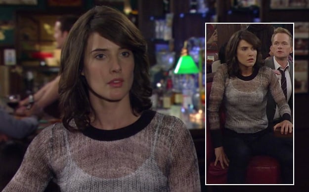 Robin's sheer sweater with black trim on How I Met Your Mother