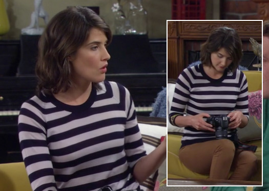 Robin's navy striped top with watch detail worn with tan brown jeans on How I Met Your Mother