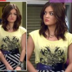 Aria’s black and white striped skirt with yellow graphic print top and purple belt on Pretty Little Liars
