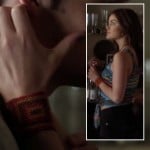 Aria’s blue aztec print tie front top, black denim shorts and red bead bracelet on Pretty Little Liars