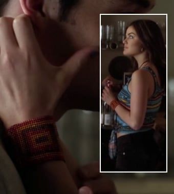 Aria's blue aztec print tie front top, black denim shorts and red bead bracelet on Pretty Little Liars