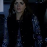 Aria’s blue and purple printed longsleeve bodycon dress on Pretty Little Liars