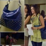Aria’s lime green ruffle top and scarf with studded blue handbag on Pretty Little Liars