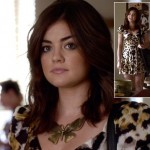 Aria’s big gold butterfly necklace and leopard print dress on Pretty Little Liars