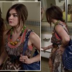 Aria’s chunky bead necklace with paisley dress and blue studded bag on Pretty Little Liars