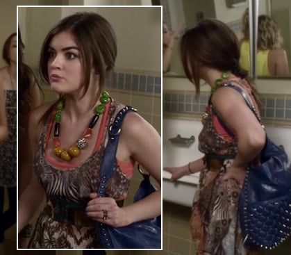 Aria's chunky bead necklace with paisley dress and blue studded bag on Pretty Little Liars