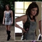 Aria’s denim overall dress on Pretty Little Liars
