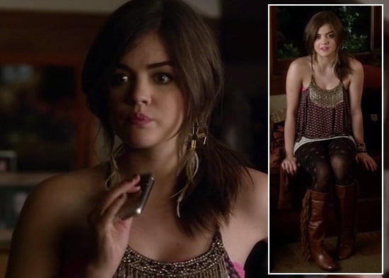 Aria's flower print tights and top with bead details on Pretty Little Liars