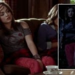 Aria’s pink patterned pants and cutout skull print shirt worn with a leather jacket on Pretty Little Liars