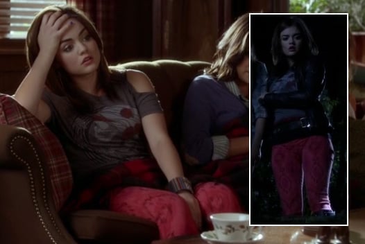 Aria's pink patterned pants and cutout skull print shirt worn with a leather jacket on Pretty Little Liars