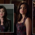 Aria’s purple paisley dress and brown leather jacket on Pretty Little Liars
