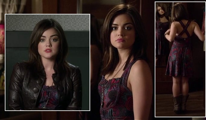Aria's purple paisley dress and brown leather jacket on Pretty Little Liars