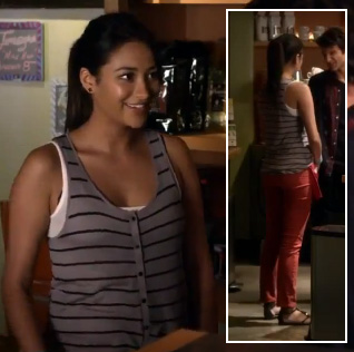 Emily’s red jeans and grey striped tank top on Pretty Little Liars