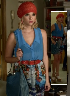 Hanna's red knit beanie with blue sleeveless top and patterned skirt on Pretty Little Liars