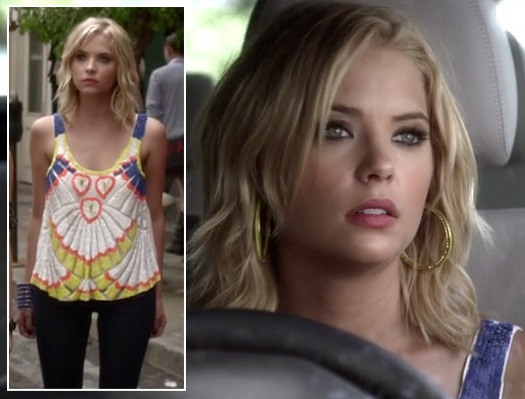 Hanna's yellow hoop earrings and white/yellow/blue tank top on Pretty Little Liars