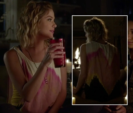 Hanna's white, pink and yellow tie dye style top on Pretty Little Liars