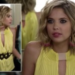 Hanna’s yellow top with diamond belt and pink hoop earrings on Pretty Little Liars