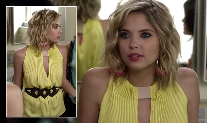 Hanna's yellow top with diamond belt and pink hoop earrings on Pretty Little Liars
