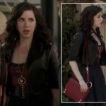 Jane’s cropped leather jacket, red dress and bag on Jane by Design